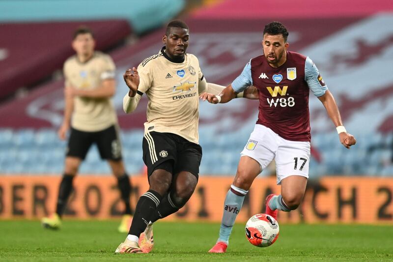 Manchester United's Paul Pogba vies with Aston Villa's midfielder Trezeguet. AFP