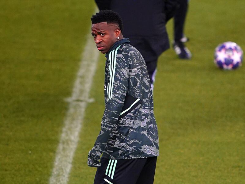 Real Madrid's Vinicius Junior during a training session at Anfield, Liverpool, Britain, February 20, 2023. Real Madrid face Liverpool in the Champions League last 16 first leg on February 21. 