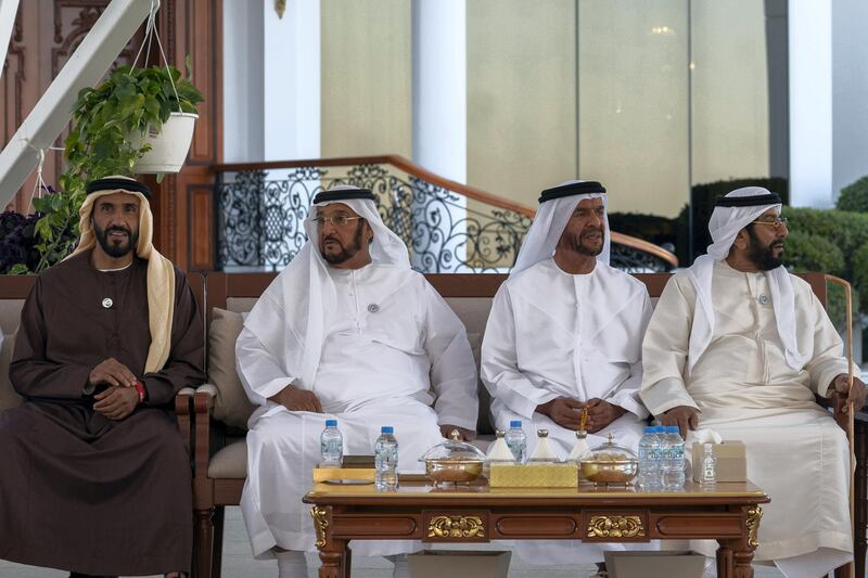 ABU DHABI, UNITED ARAB EMIRATES - December 5, 2018: (R-L) HH Sheikh Tahnoon bin Mohamed Al Nahyan, Ruler's Representative in Al Ain Region, HH Sheikh Suroor bin Mohamed Al Nahyan, HH Sheikh Mohamed bin Butti Al Hamed and HH Sheikh Nahyan Bin Zayed Al Nahyan, Chairman of the Board of Trustees of Zayed bin Sultan Al Nahyan Charitable and Humanitarian Foundation, attend a Sea Palace barza.

( Ryan Carter / Ministry of Presidential Affairs )
---