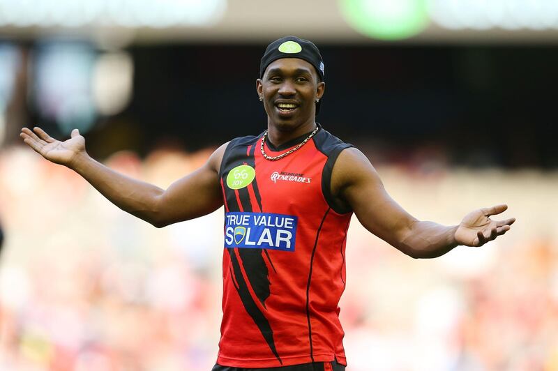 MELBOURNE, AUSTRALIA - JANUARY 18:  Dwayne Bravo of the Renegades smiles prior to the Big Bash League match between the Melbourne Renegades and the Adelaide Strikers at Etihad Stadium on January 18, 2016 in Melbourne, Australia.  (Photo by Graham Denholm/Getty Images)