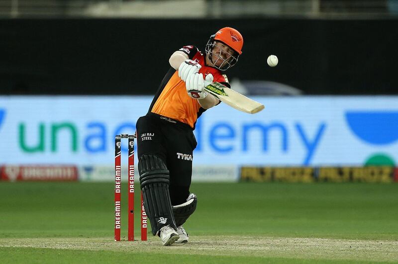 David Warner of Sunrisers Hyderabad during match 47 of season 13 of the Dream 11 Indian Premier League (IPL) between the Sunrisers Hyderabad and the Delhi Capitals held at the Dubai International Cricket Stadium, Dubai in the United Arab Emirates on the 27th October 2020.  Photo by: Ron Gaunt  / Sportzpics for BCCI