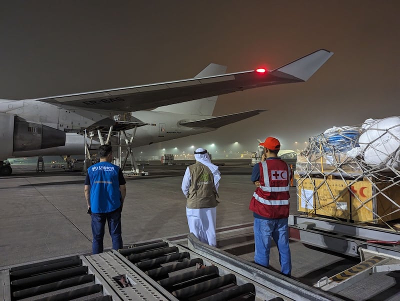The Boeing 747 aircraft took off from Dubai World Central Airport early on Friday carrying more than 90 tonnes of aid. Photo: Dubai Media Office