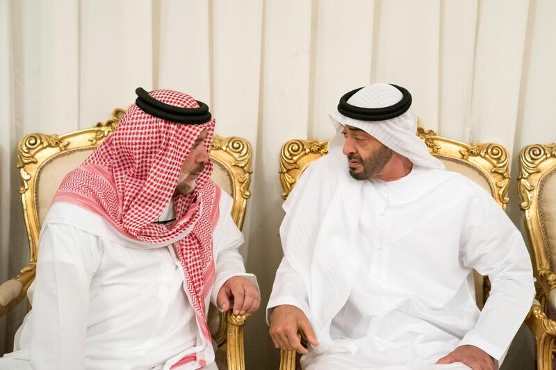 ABU DHABI, UNITED ARAB EMIRATES - September 25, 2019: HH Sheikh Mohamed bin Zayed Al Nahyan, Crown Prince of Abu Dhabi and Deputy Supreme Commander of the UAE Armed Forces (R), offers condolences to the family of HE Abdullah Al Sayyed Al Hashemi.

( Hamad Al Kaabi  / Ministry of Presidential Affairs )
---