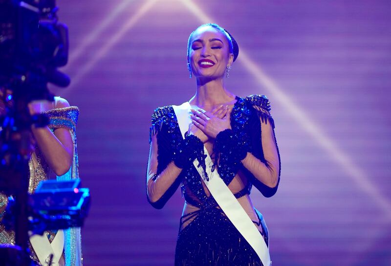 Gabriel reacts after being selected among the final three at the 71st Miss Universe competition. AP Photo
