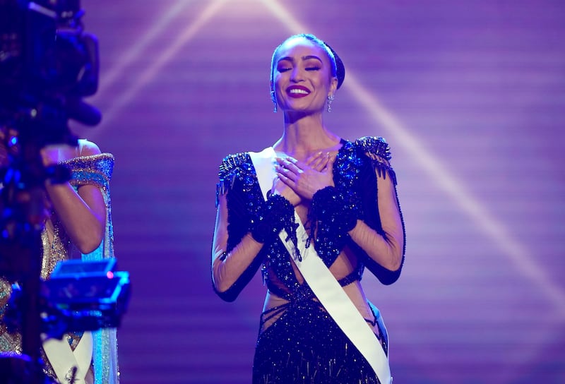 Gabriel reacts after being selected among the final three at the 71st Miss Universe competition. AP Photo