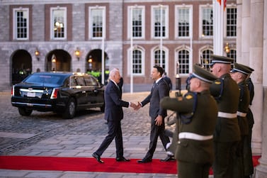 Irish Taoiseach Leo Varadkar (R) welcomes US President Joe Biden (L) to Dublin Castle for the official banquet dinner in Dublin, Ireland, 13 April 2023.  This is the second day of a four-day visit by President Biden to Northern Ireland and the Republic of Ireland to mark the 25th anniversary of the Good Friday Agreement.   EPA / TOLGA AKMEN  /  POOL