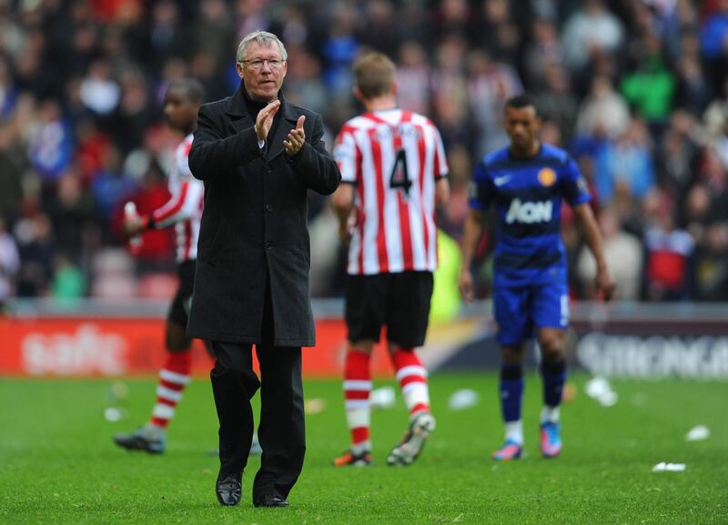 SUNDERLAND, ENGLAND - MAY 13:  Manchester United manager Sir Alex Ferguson looks dejected after the Barclays Premier League match between Sunderland and Manchester United at the Stadium of Light on May 13, 2012 in Sunderland, England.  (Photo by Michael Regan/Getty Images)