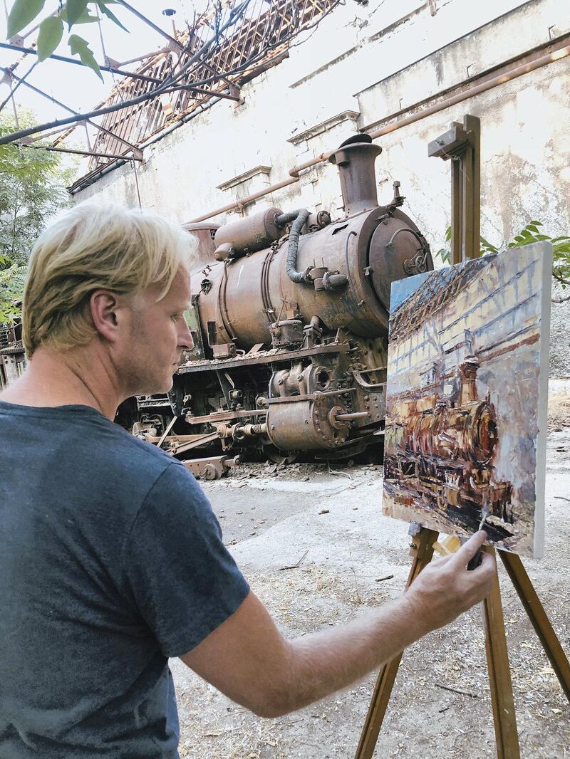 A Tom Young painting entitled 'Rayak Train Sketch' in the Riyaq Factory.  Photo by Eddy Choueiry