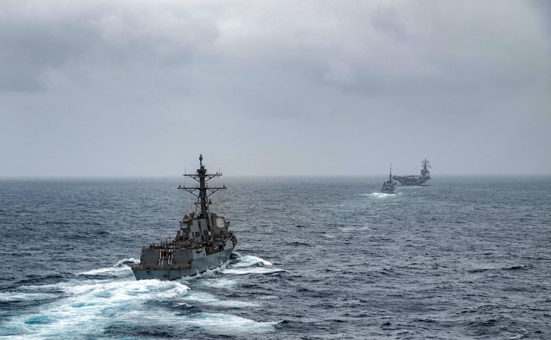 US and French warships in formation in the Arabian Sea, where the MV Mercer Street came under attack. AFP