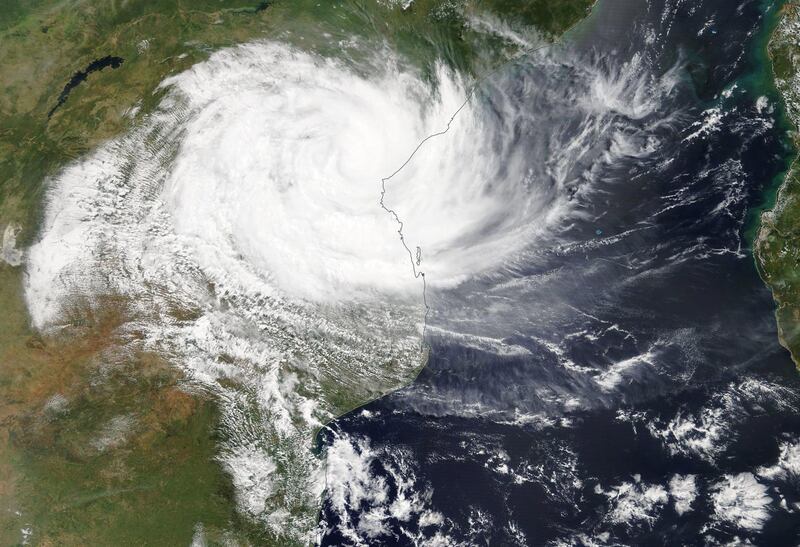 epa07439646 A handout photo made available by the NASA shows a Terra/MODIS satellite image of cyclone Idai as it hits Mozambique, 15 March 2019. Cyclone Idai made landfall in Mozambique.  EPA/NASA WORLDVIEW / HANDOUT  HANDOUT EDITORIAL USE ONLY/NO SALES