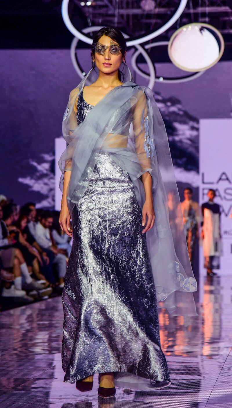 A model presents a creation by design duo Harshna and Mannat during Lakme Fashion Week summer/resort 2020 in Mumbai, India, on February 12, 2020. AFP