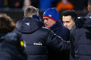 AS Roma head coach Jose Mourinho (C-R) and and Bodo/Glimt's coach Kjetil Knudsen (C-L) chat after the UEFA Europa Conference League soccer match between FK Bodo/Glimt and AS Roma at Aspmyra Stadium in Bodo, Norway, 21 October 2021.   EPA / Mats Torbergsen  NORWAY OUT