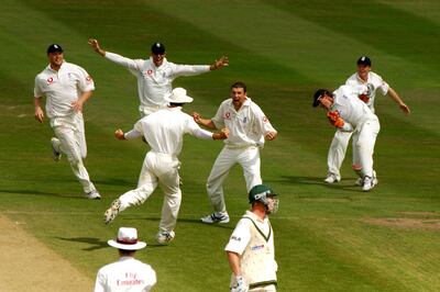File photo dated 07-08-2005 of England's Steve Harmison (C) celebrates with team-mates after taking the last wicket of Australia's Michael Kasprowicz caught behind by wicketkeeper Geraint Jones (R) during the fourth day. PRESS ASSOCIATION Photo. Issue date: Thursday July 25, 2019. The entire 2005 Ashes series was memorable but the second Test at Edgbaston was particularly special. See PA story CRICKET Ashes Venues. Photo credit should read Rui Vieira/PA Wire.