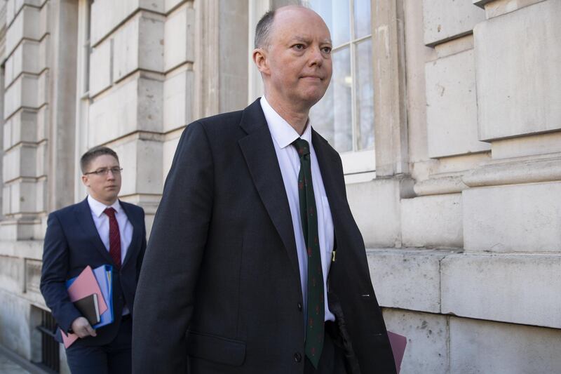 Chief Medical Officer for England Chris Whitty arrives at the Cabinet Office in Whitehall ahead of a meeting of the Government's emergency committee Cobra to discuss the coronavirus response on March 16, 2020 in London, England. Getty Images