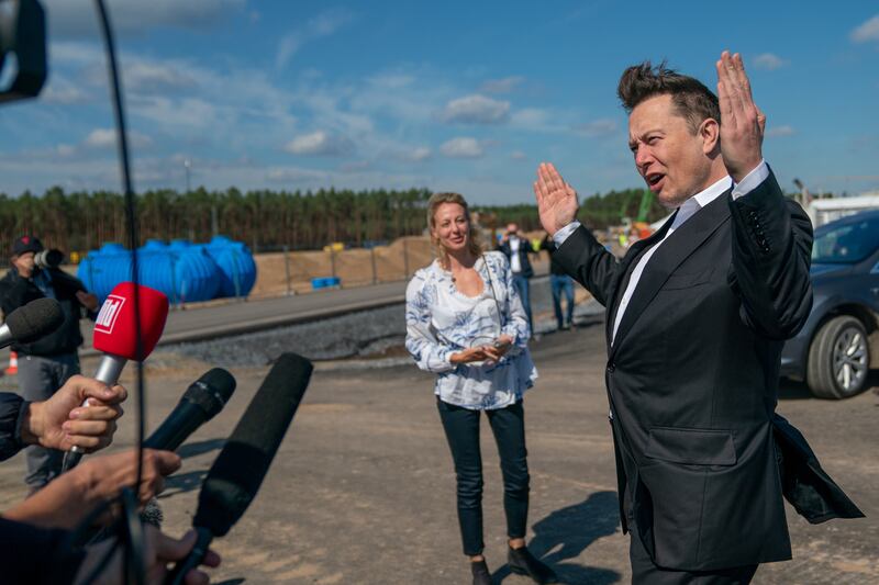 Mr Musk at the construction site of the Tesla Gigafactory in Gruenheide, near Berlin, Germany, last year. EPA