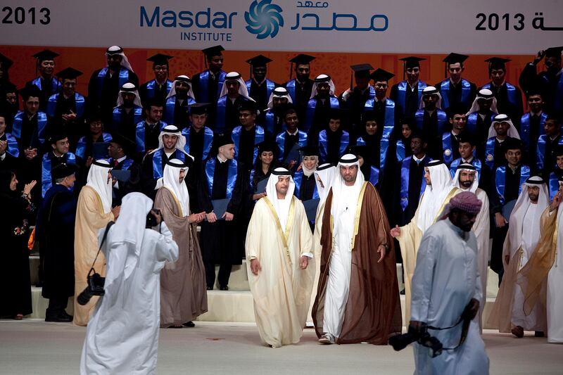 Abu Dhabi, United Arab Emirates, June 11, 2013: 
(Center left) HH Sheikh Hazza bin Zayed, the National Security Adviser and vice chairman of the Executive Council of Abu Dhabi, walks along Dr. Sultan al Jaber, the Managing Director and CEO of Masdar, during the Masdar's 2013 graduation ceremony on Wednesday evening, June 12, 2013 at the Emirates Palace in Abu Dhabi.
Silvia Razgova / The National

 *** Local Caption ***  sr-130612-masdargrad32.jpg