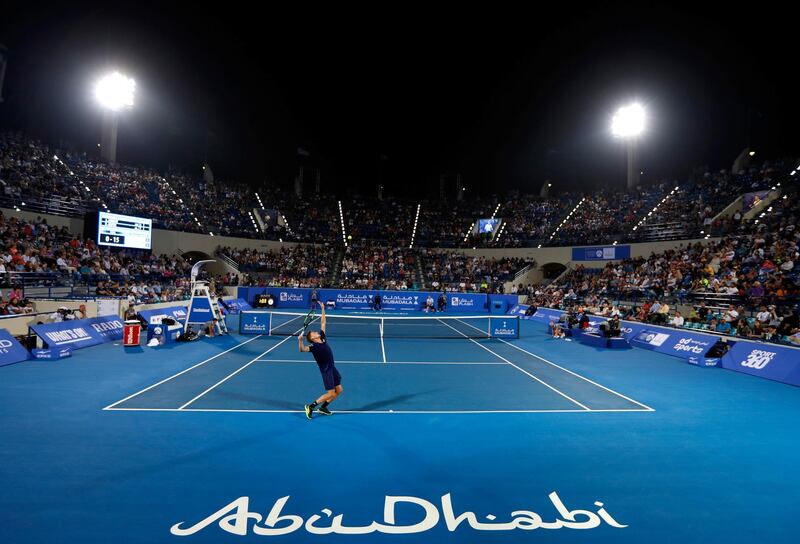 ABU DHABI, UNITED ARAB EMIRATES - DECEMBER 30:   David Goffin of Belgium in action against Andy Murray of Great Britain during day two of the Mubadala World Tennis Championship at Zayed Sport City on December 30, 2016 in Abu Dhabi, United Arab Emirates.  (Photo by Francois Nel/Getty Images)