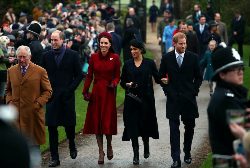 FILE PHOTO: Britain's Prince Charles, Prince William, Duke of Cambridge and Catherine Duchess of Cambridge along with Prince Harry, Duke of Sussex and Meghan, Duchess of Sussex arrive at St Mary Magdalene's church for the Royal Family's Christmas Day service on the Sandringham estate in eastern England, Britain, December 25, 2018. REUTERS/Hannah McKay/File Photo