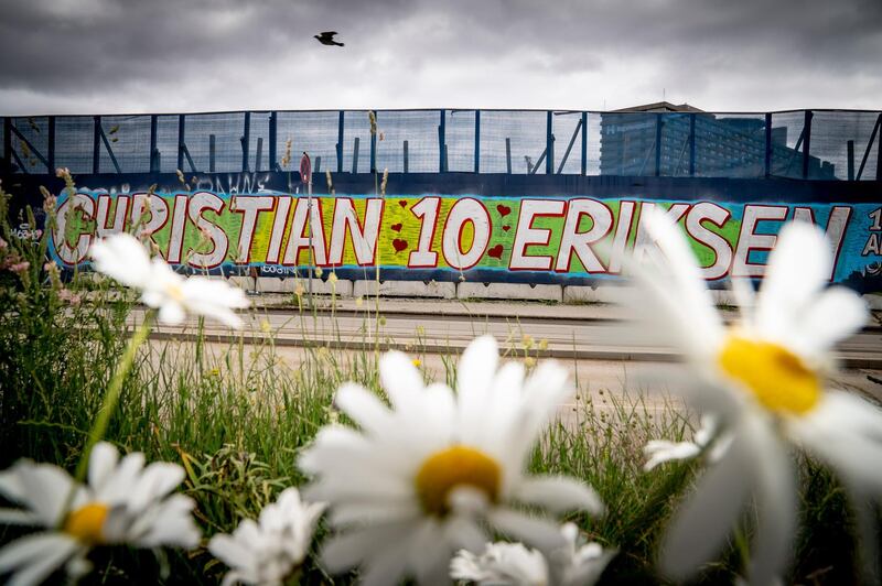 A mural dedicated to Danish national team player Christian Eriksen reads 'Christian 10 Eriksen' next to the Rigshospitalet in Copenhagen, Denmark, 14 June 2021. EPA