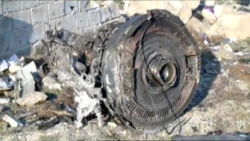 One of the engines of Ukraine International Airlines flight PS752, a Boeing 737-800 plane that crashed after taking off from Tehran's Imam Khomeini airport on January 8, 2020, is seen in this still image taken from Iran Press footage.   Iran Press/Handout via REUTERS   NO RESALES. NO ARCHIVES. THIS IMAGE HAS BEEN SUPPLIED BY A THIRD PARTY. IRAN OUT. NO COMMERCIAL OR EDITORIAL SALES IN IRAN. NO USE BBC PERSIAN. NO USE MANOTO. NO USE VOA PERSIAN. NO USE IRAN INTERNATIONAL.?