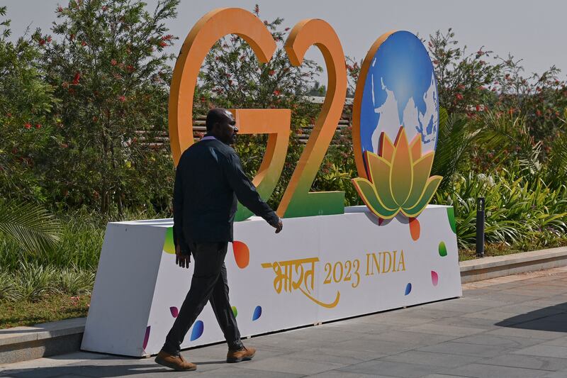 The G20 logo at the Prestige Golfshire in Bengaluru, the venue for the second meeting of the G20 finance and central bank deputies under India’s G20 presidency. AFP
