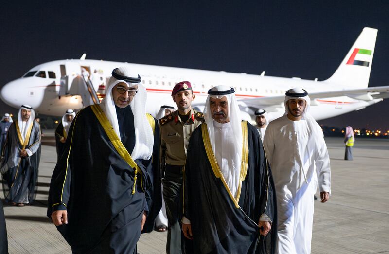 Sheikh Hamad and his delegation were received at Kuwait International Airport by the Minister of Amiri Diwan Affairs, Sheikh Mohammad Abdullah Al-Mubarak Al-Sabah