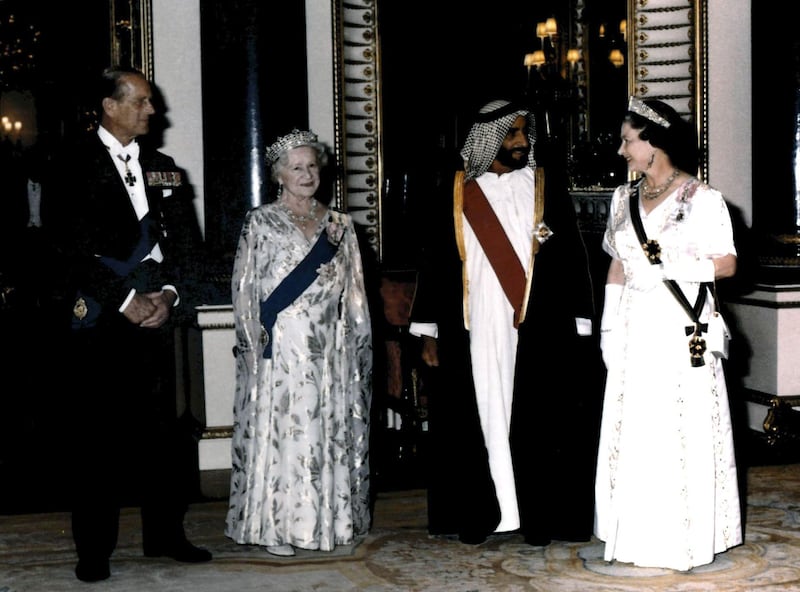 Sheikh Zayed Bin Sultan Al Nahyan, Her Majesty Queen Elizabeth II, the Queen Mother and Prince Philip in London, 18th July 1989 
National Archives images supplied by the Ministry of Presidential Affairs to mark the 50th anniverary of Sheikh Zayed Bin Sultan Al Nahyan becaming the Ruler of Abu Dhabi. *** Local Caption ***  75.jpg