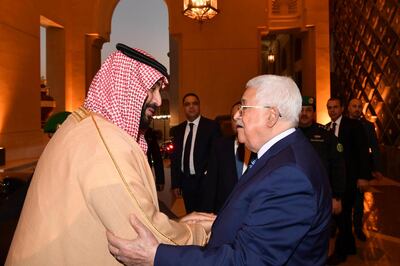Saudi Arabia's Crown Prince Mohammed Bin Salman welcomes Palestinian President Mahmoud Abbas in Riyadh, Saudi Arabia December 21, 2017. Palestinian President Office (PPO)/Handout via REUTERS ATTENTION EDITORS - THIS PICTURE WAS PROVIDED BY A THIRD PARTY. NO RESALES. NO ARCHIVE.