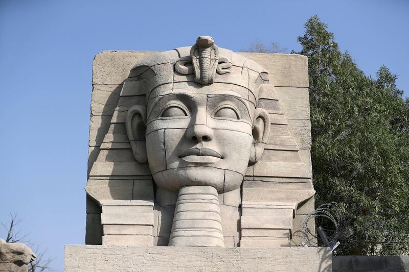 Dubai, United Arab Emirates - September 08, 2018: Weekender. Unusual sights in Al Quoz. Egyptian sculptures on the outside of a building. Saturday, September 8th, 2018 at Al Quoz, Dubai. Chris Whiteoak / The National