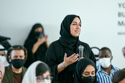 Sarah Al Hosani, Lest We Forget initiative and founder of Khazaf for Fine Arts participates in the media briefing for Smithsonian Folklife Festival at Abu Dhabi Youth Hub. Khushnum Bhandari / The National 