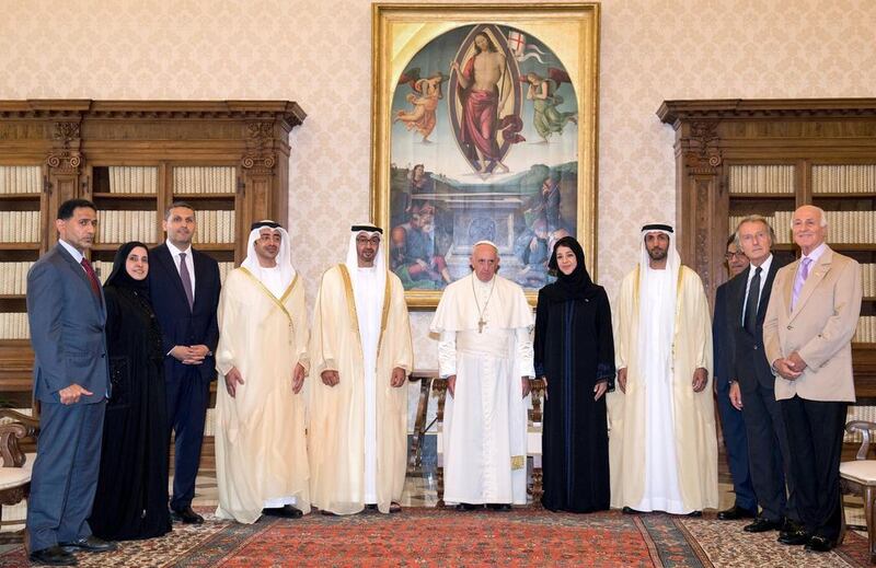 Sheikh Mohammed bin Zayed, Crown Prince of Abu Dhabi and Deputy Supreme Commander of the Armed Forces, and his delegation with Pope Francis. Claudio Peri / AFP