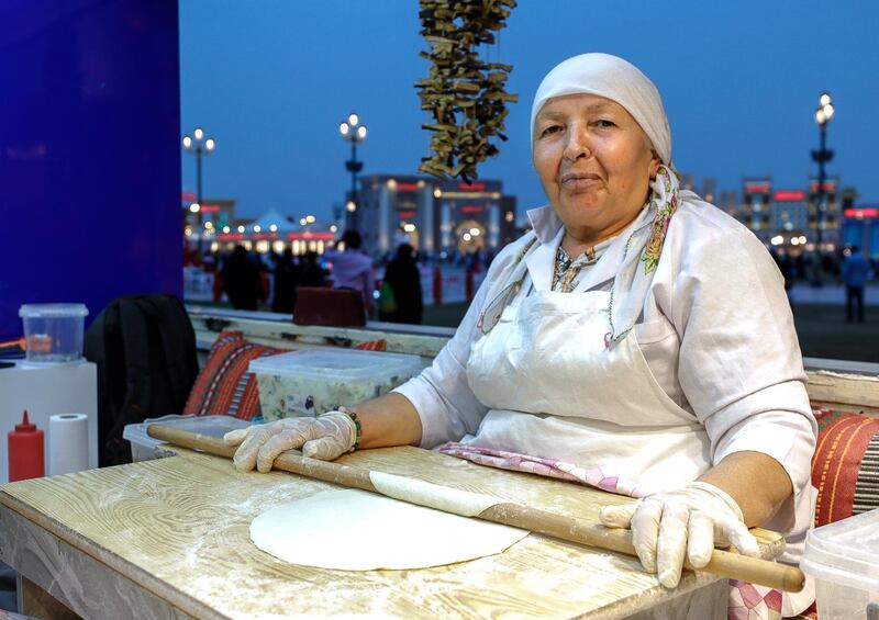 Abu Dhabi, United Arab Emirates, January 5, 2020.  
Photo essay of Global Village.-- Elif Ordu, 63, Turkey.  Has benn working for the K-14 Turkish pastry stall at the Global Village for ten years now.
Victor Besa / The National
Section:  WK
Reporter:  Katy Gillett
