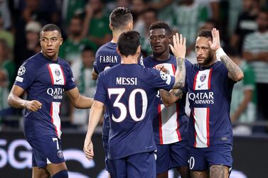 Neymar (R) of PSG celebrates with teammates Lionel Messi, Kylian Mbappe (L), Nuno Mendes (2-R) and Fabian Ruiz after scoring his team's third goal during the UEFA Champions League group H soccer match between Maccabi Haifa and Paris Saint-Germain FC in Haifa, Israel, 14 September 2022.   EPA / ABIR SULTAN