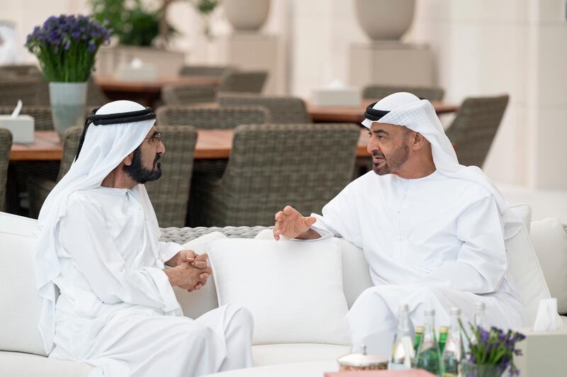 ABU DHABI, UNITED ARAB EMIRATES - May 14, 2021: HH Sheikh Mohamed bin Zayed Al Nahyan, Crown Prince of Abu Dhabi and Deputy Supreme Commander of the UAE Armed Forces (R), receives and exchanges Eid greetings with HH Sheikh Mohamed bin Rashid Al Maktoum, Vice-President, Prime Minister of the UAE, Ruler of Dubai and Minister of Defence (L), at Al Shati Place.

( Hamad Al Kaabi / Ministry of Presidential Affairs )​
---