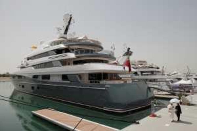 ABU DHABI, UNITED ARAB EMIRATES - March 14, 2009: The 68 metre Aviva yacht from Germany on the final day of the Abu Dhabi Yacht Show at the Marina across from the Abu Dhabi National Exhibition Centre. 
( Ryan Carter / The National ) *** Local Caption ***  RC009-YachtShow.JPG