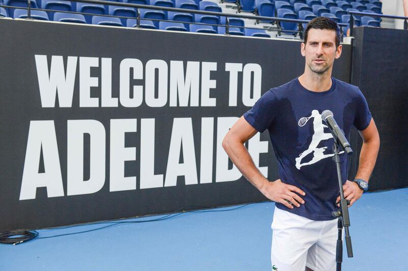 Novak Djokovic speaks to the media after a training session ahead of the Adelaide International. AFP