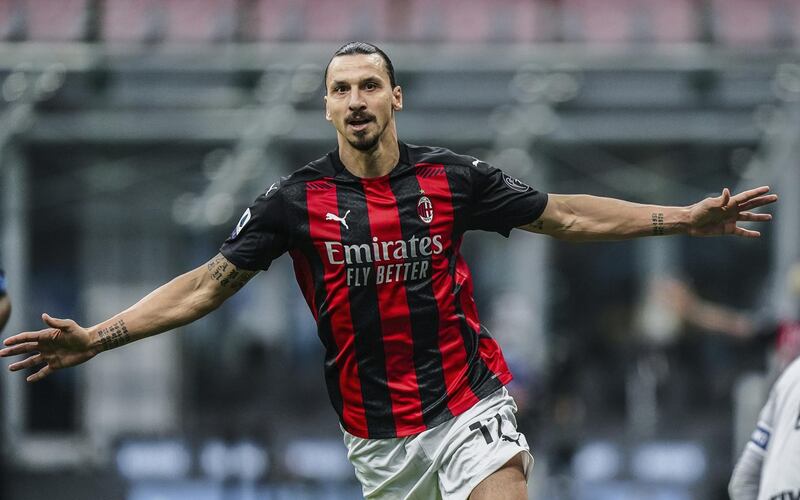 AC Milan’s Zlatan Ibrahimovic celebrates after scoring scores his side’s first goal against Inter on Saturday, October 17. Milan won the derby clash 2-1. AP