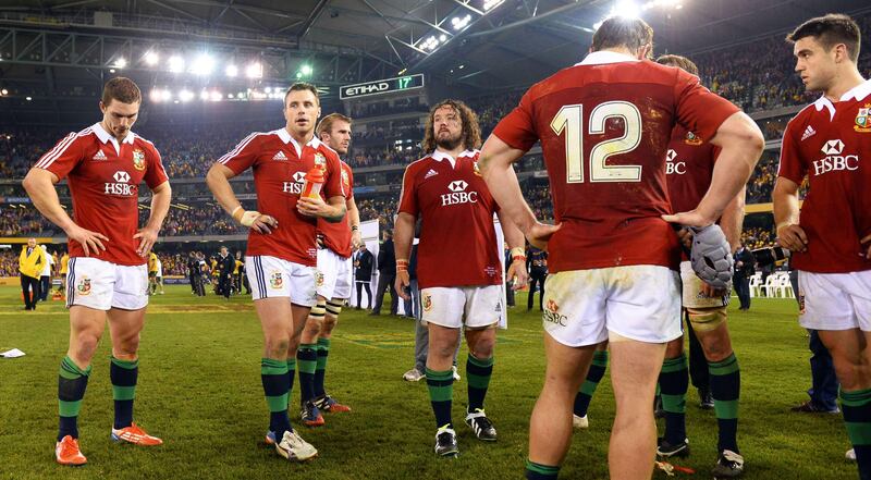 British and Irish Lions players react after losing the second rugby Test match to the Australian Wallabies, in Melbourne on June 29, 2013.    AFP PHOTO/William WEST  IMAGE RESTRICTED TO EDITORIAL USE - STRICTLY NO COMMERCIAL USE
 *** Local Caption ***  453256-01-08.jpg