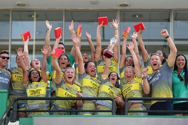 Dubai Hurricanes (yellow) beat Dubai Falcons in the Gulf womens final at the Dubai Rugby 7's. Chris Whiteoak / The National