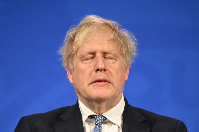 Mr Johnson at a press conference in response to the publication of the Sue Gray report into Partygate at Downing Street in May 2022. Getty Images