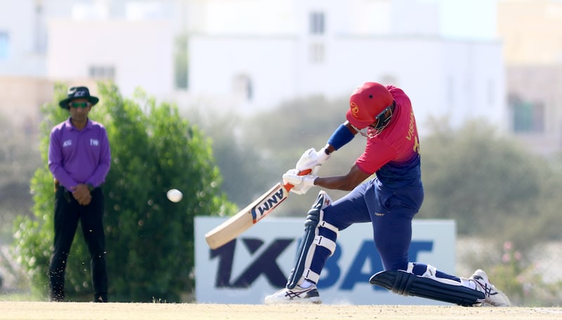 Vishnu Sukumaran of the UAE plays a shot on his way to a score of 18 off 14 balls.
