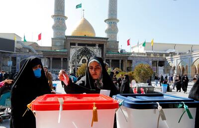 epa08233864 Iranian women cast their ballots at a polling station set up at the Abdol Azim shrine during the parliamentary elections in Shahr-e-Ray, Tehran Province, Iran, 21 February 2020. Iranians are heading to the polls to elect their representatives to the Islamic Consultative Assembly amid a worsening economic crisis and escalating tensions with the US.  EPA/ABEDIN TAHERKENAREH