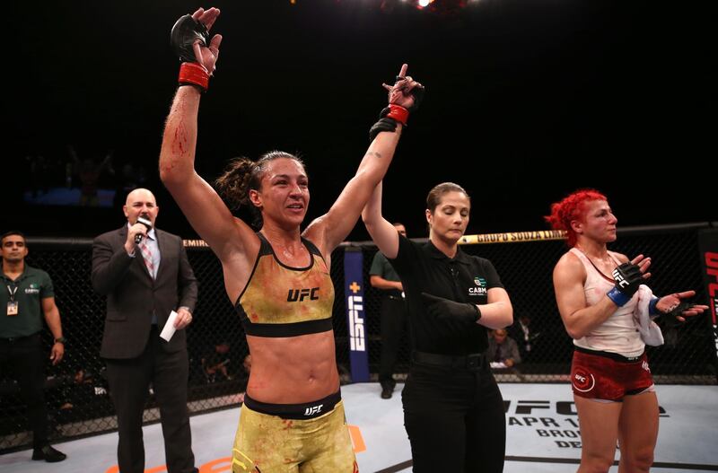 BRASILIA, BRAZIL - MARCH 14: Amanda Ribas of Brazil celebrates after defeating Randa Markos of Canada in their strawweight fight during the UFC Fight Night event on March 14, 2020 in Brasilia, Brazil. (Photo by Buda Mendes/Zuffa LLC)