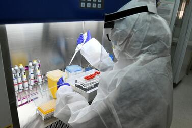 A lab technician carries out tests for Covid-19 detection at MenaLabs Medical Laboratory in Abu Dhabi. Like the rest of the world, the Middle East and North Africa faces a battle between accelerating vaccinations and the spread of the virus, which will determines the economic recovery. Khushnum Bhandari for The National