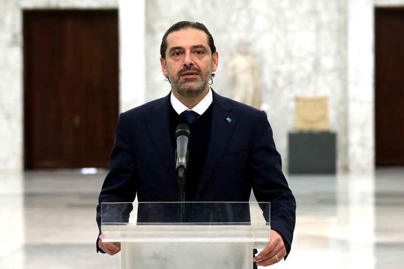 Lebanese Prime Minister-designate Saad al-Hariri speaks at the presidential palace in Baabda, Lebanon February 12, 2021. Dalati Nohra/Handout via REUTERS ATTENTION EDITORS - THIS IMAGE WAS PROVIDED BY A THIRD PARTY