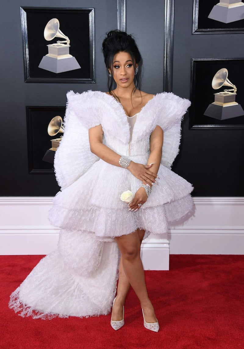 Cardi B continuted to champion the GCC, choosing Saudi Arabian designer Mohammed Ashi of Ashi Studio for the night. The lacy white design is as much a sculpture as a dress. Angela Weiss / AFP