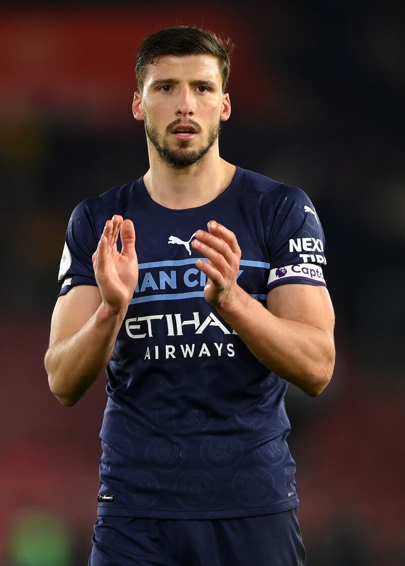 Manchester City's Ruben Dias applauds the fans following the Premier League match against Southampton at St Mary's Stadium on January 22, 2022. Getty