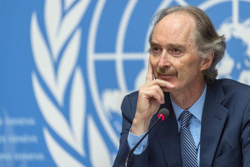 epa07888295 Geir O. Pedersen, Special Envoy for Syria, speaks about the Syrian Constitutional Committee, during a press conference, at the European headquarters of the United Nations in Geneva, Switzerland, 02 October 2019.  EPA/MARTIAL TREZZINI