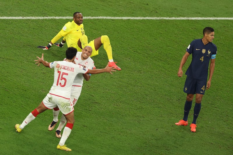 Tunisia's Wahbi Khazri celebrates his goal with teammate Mohamed Ali Ben Romdhane. AFP