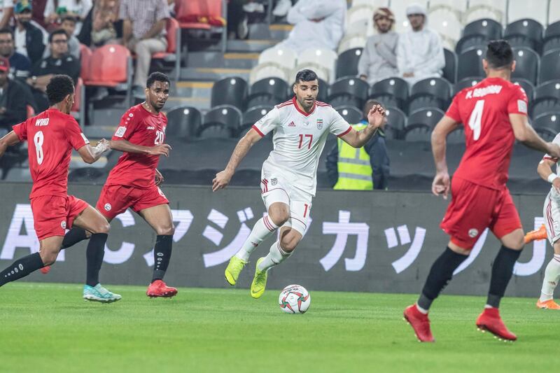 ABU DHABI, UNITED ARAB EMIRATES. 07 JANUARY 2019. AFC Football at Mohammed Bin Zayed Stadium. Yemen (Red) versus Iran (White). (Photo: Antonie Robertson/The National) Journalist: Amith Pasella. Section: Sport.